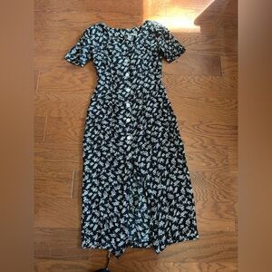 90’s Black Floral Button-Front Midi Dress